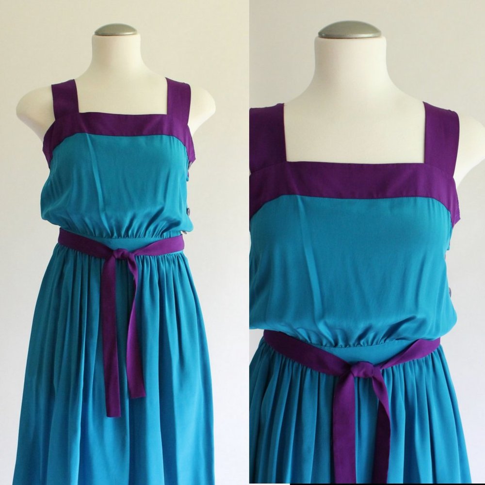 Jack Mulqueen Silk Colour Block Dress, Vintage 80's Dress